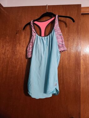Light Blue Swim Top with Pink Sports Bra Built In